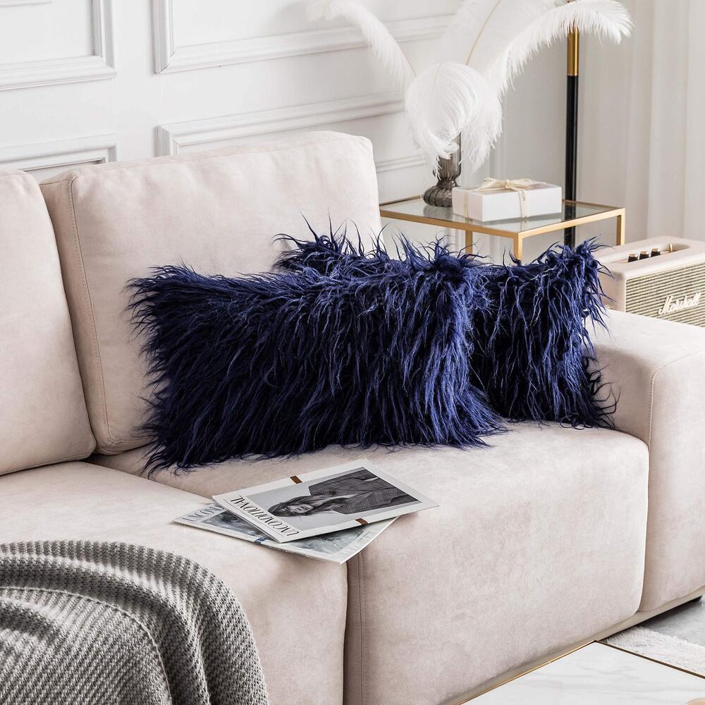 5928 Navy Blue Pillow Cover 12x20 Lumbar Pillow Covers Faux Fur Fuzzy